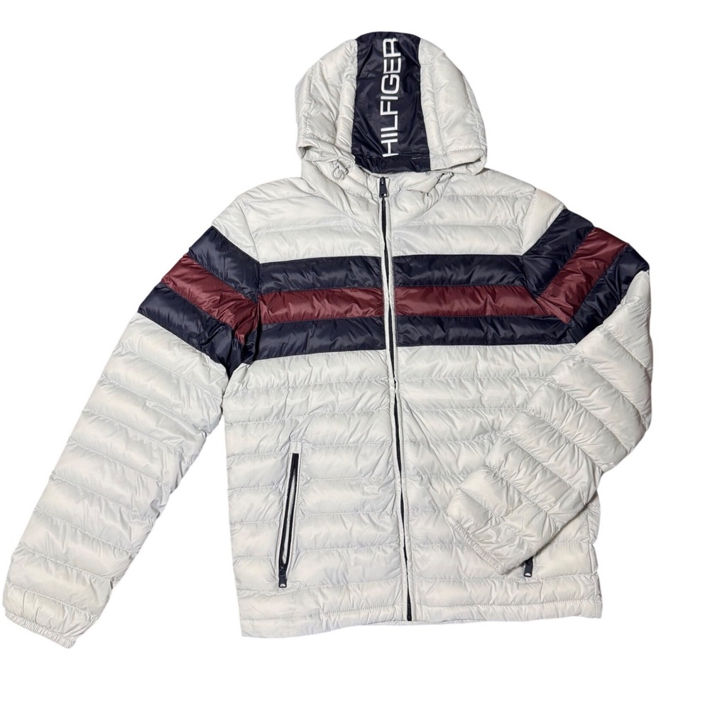Tommy Hilfiger Puffer Hooded Jacket Small White Navy Burgundy Good Colorblock